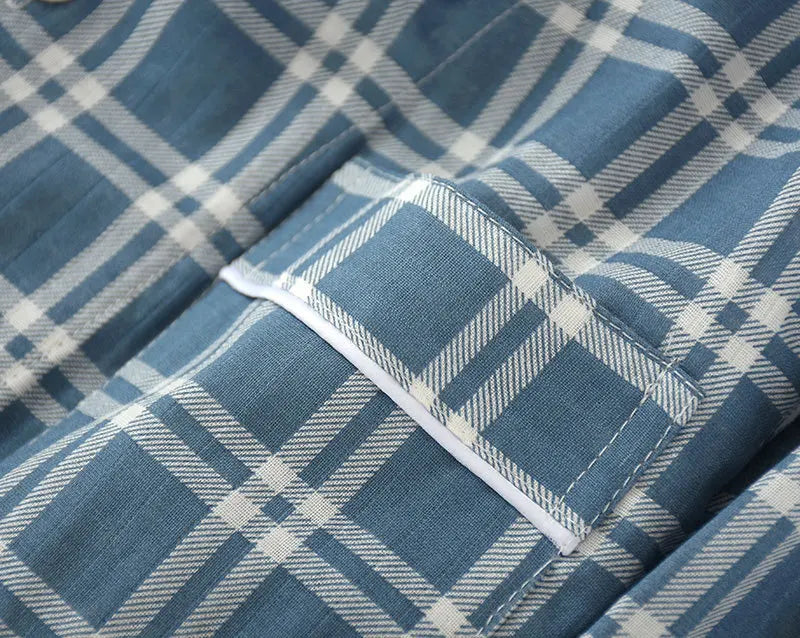 Spring and autumn mens pajamas long-sleeved trousers cotton double gauze lattice large size suit home service men&