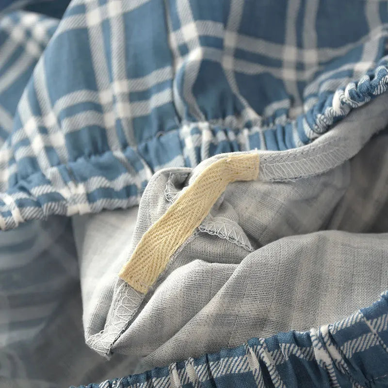 Spring and autumn mens pajamas long-sleeved trousers cotton double gauze lattice large size suit home service men&
