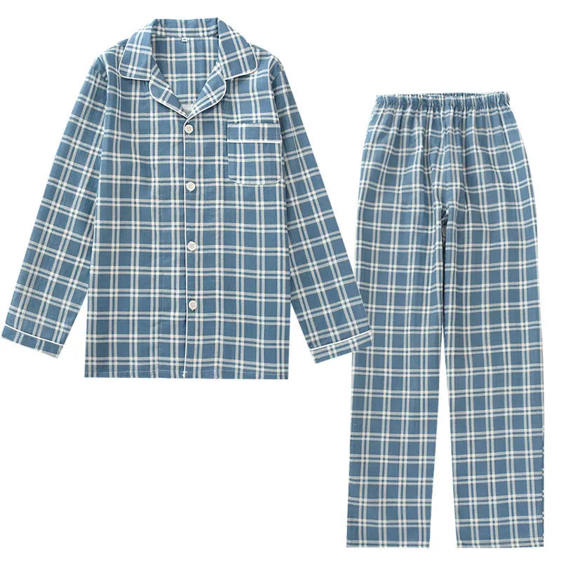 Spring and autumn mens pajamas long-sleeved trousers cotton double gauze lattice large size suit home service men&