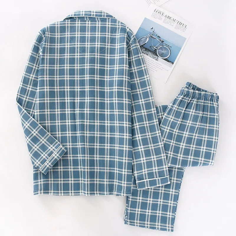 Spring and autumn mens pajamas long-sleeved trousers cotton double gauze lattice large size suit home service men&