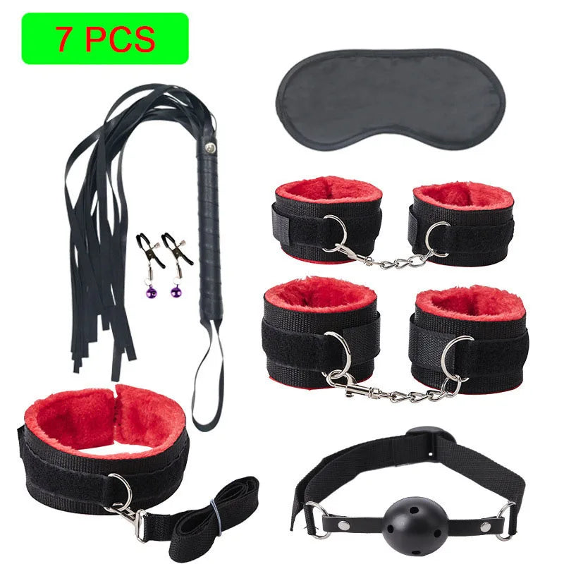 Sexy Leather BDSM Kits Plush Sex Bondage Set Handcuffs Sex Games Whip Gag Nipple Clamps Sex Toys For Couples Exotic Accessories