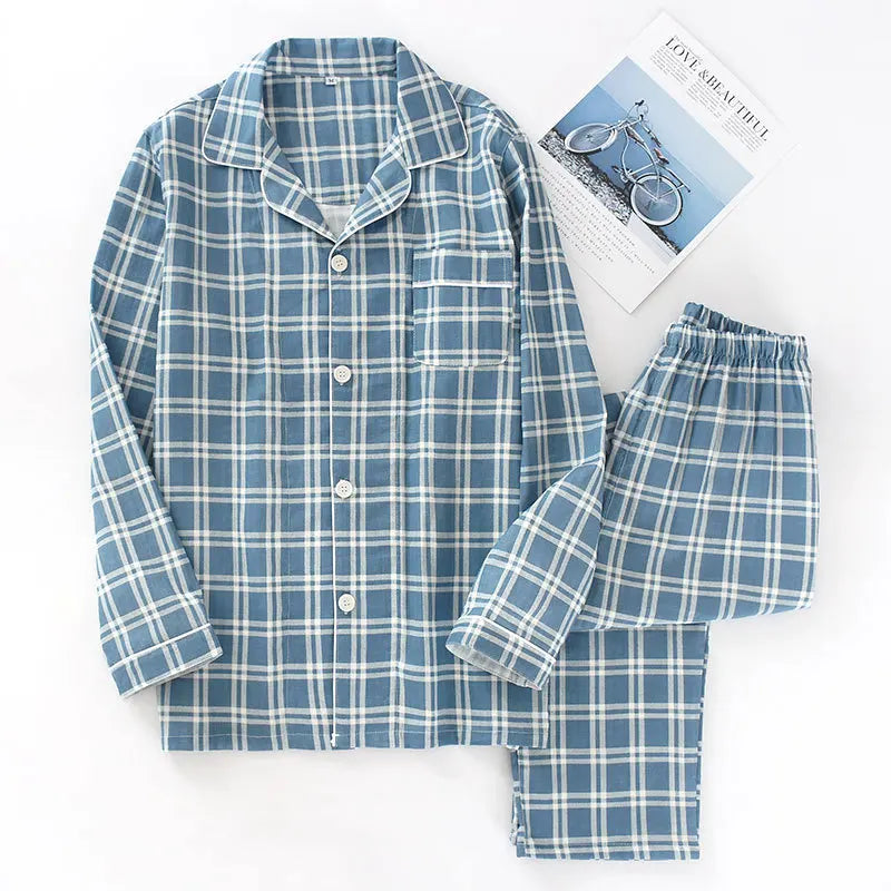 Spring and autumn mens pajamas long-sleeved trousers cotton double gauze lattice large size suit home service men&