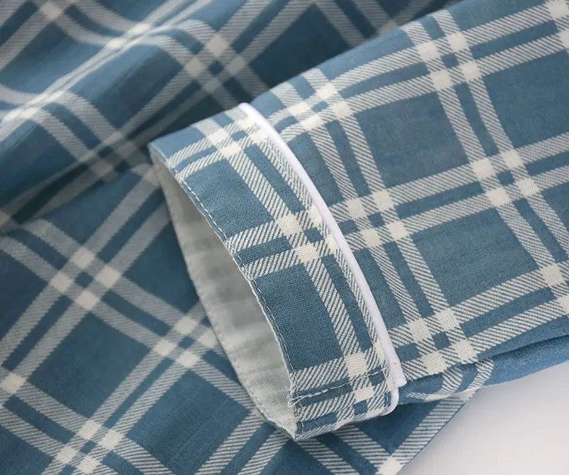 Spring and autumn mens pajamas long-sleeved trousers cotton double gauze lattice large size suit home service men&