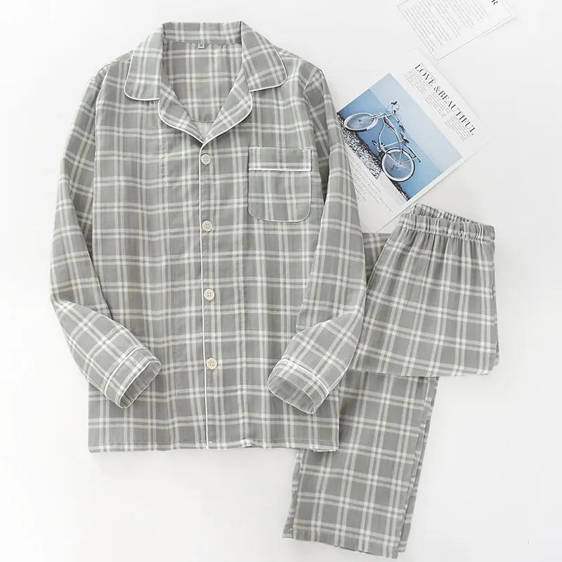 Spring and autumn mens pajamas long-sleeved trousers cotton double gauze lattice large size suit home service men&