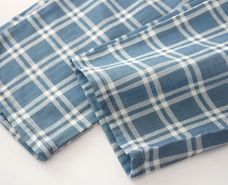 Spring and autumn mens pajamas long-sleeved trousers cotton double gauze lattice large size suit home service men&