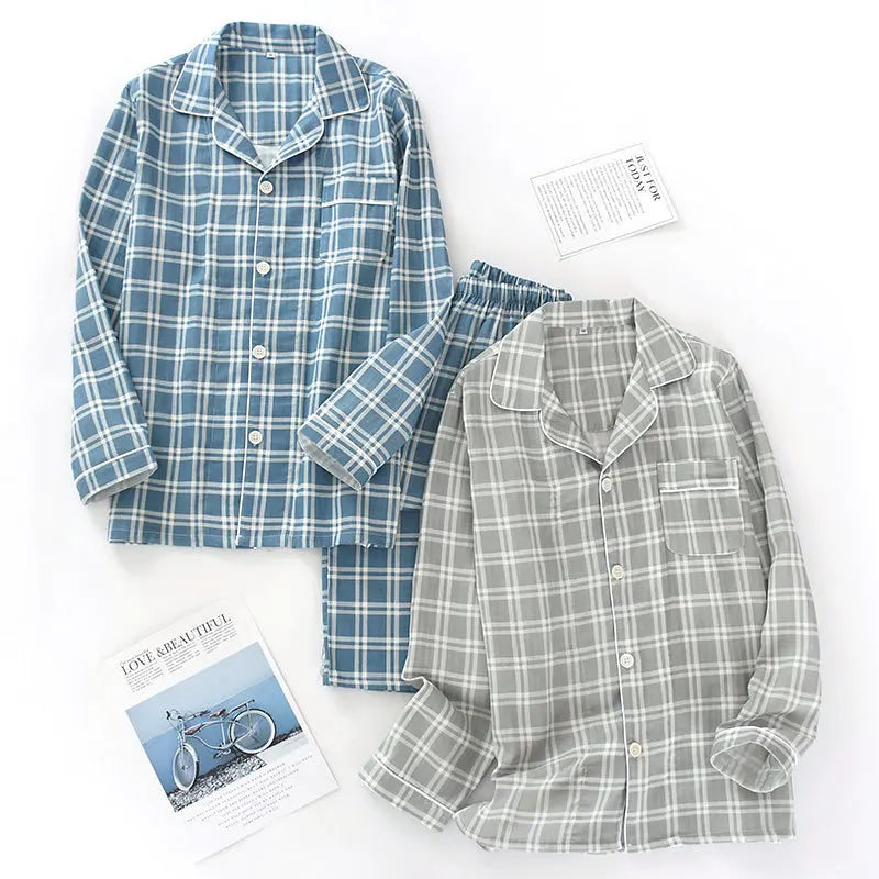 Spring and autumn mens pajamas long-sleeved trousers cotton double gauze lattice large size suit home service men&