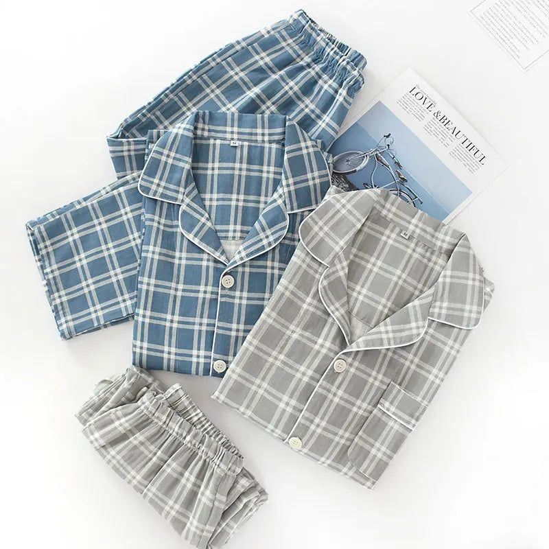 Spring and autumn mens pajamas long-sleeved trousers cotton double gauze lattice large size suit home service men&