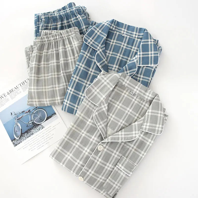 Spring and autumn mens pajamas long-sleeved trousers cotton double gauze lattice large size suit home service men&