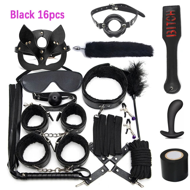 Sexy Leather BDSM Kits Plush Sex Bondage Set Handcuffs Sex Games Whip Gag Nipple Clamps Sex Toys For Couples Exotic Accessories