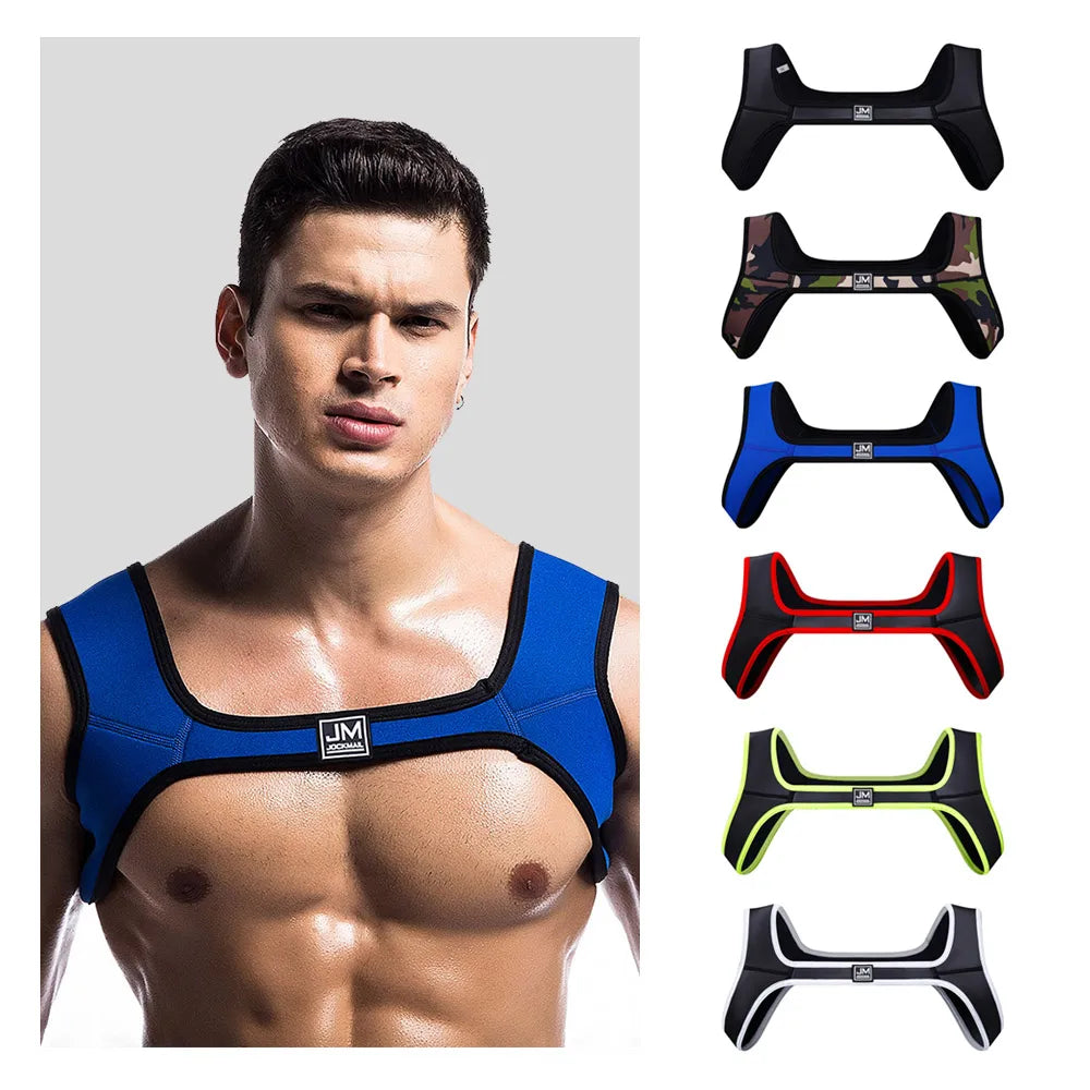 Neoprene Mens Body Chest Harness Lingerie Sexy Shoulder Bondage Straps Gay Clubwear Male Protective Gear Support Sexy Tank Top