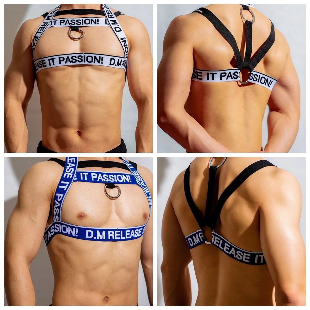 Party Harness Men Strap Costume Sexy Shoulder Bondage Chest Lingerie Metal Ring Elastic Belt Erotic Hombre Hollow Jockstrap