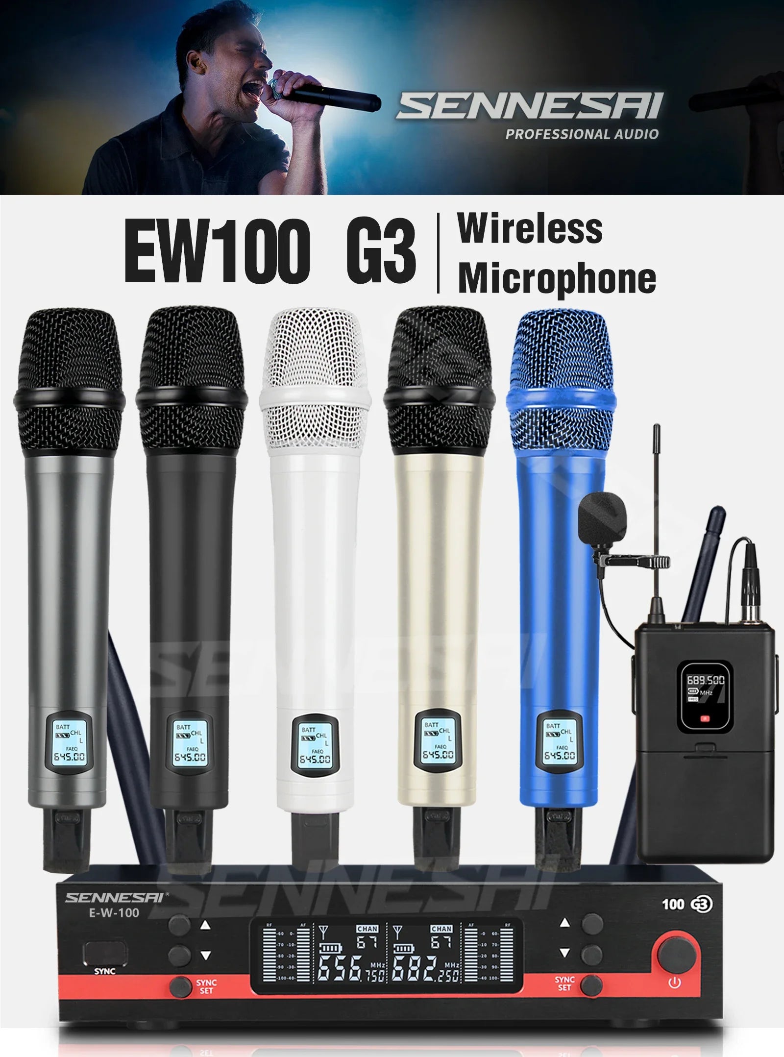 Top Quality!Ew100G3 Professional Dual Wireless Microphone Stage Performance 2 Channels 600-699 UHF Karaoke Metal Handheld e835