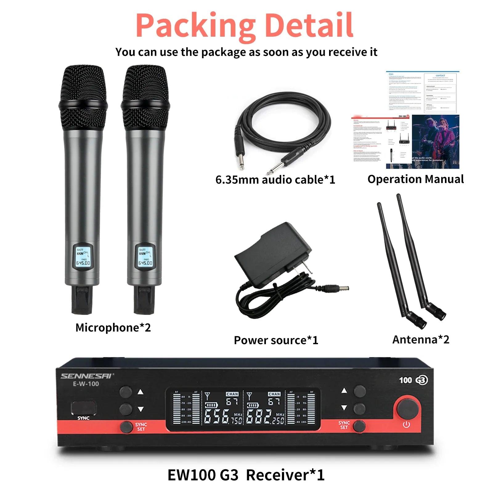 Top Quality!Ew100G3 Professional Dual Wireless Microphone Stage Performance 2 Channels 600-699 UHF Karaoke Metal Handheld e835