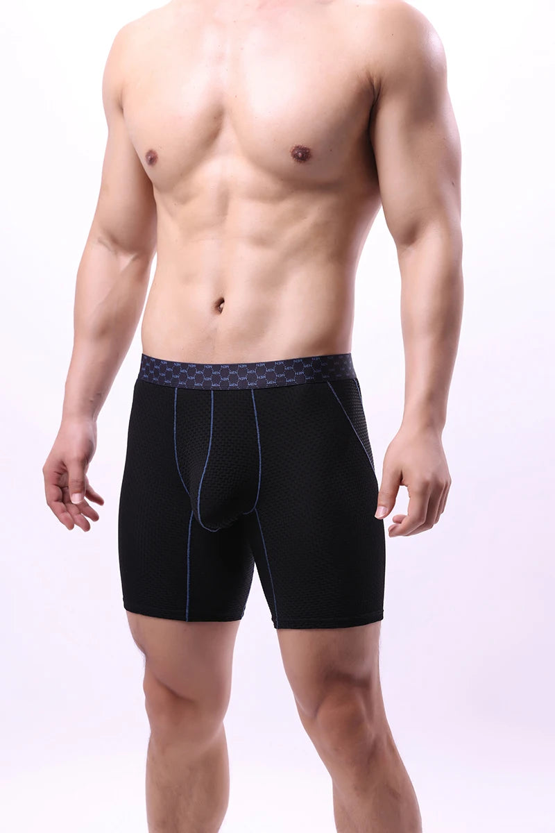 Men Underwear Boxer Shorts Homme Breathable Ice Silk Mid Waist Panites Man U Convex Pouch Long Leg Underpants Cueca Calzoncillos