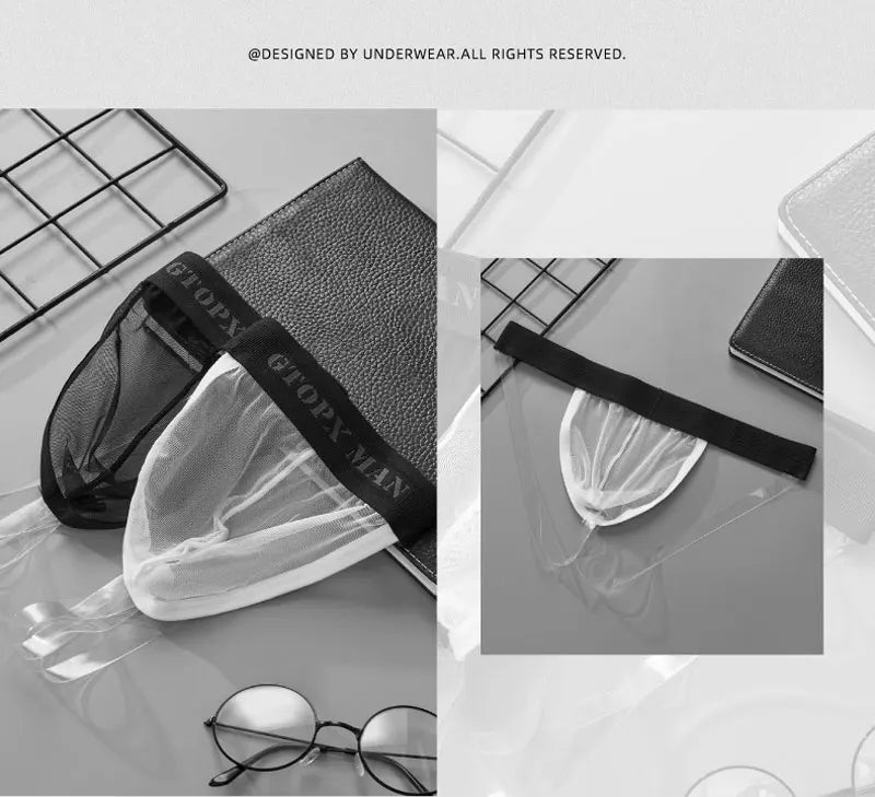 Mens Underwear T-back Thong G-String Sexy Breathable Bikini Tangas Mesh See Through Underpants U Pouch Ultra-thin Male Panties
