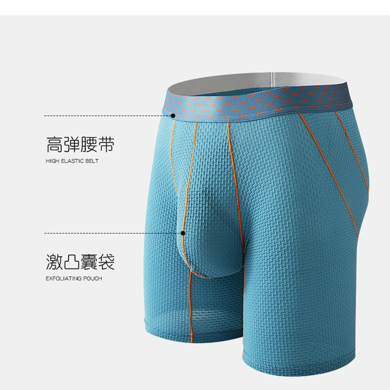 Men Underwear Boxer Shorts Homme Breathable Ice Silk Mid Waist Panites Man U Convex Pouch Long Leg Underpants Cueca Calzoncillos