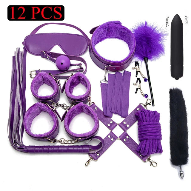 Sexy Leather BDSM Kits Plush Sex Bondage Set Handcuffs Sex Games Whip Gag Nipple Clamps Sex Toys For Couples Exotic Accessories