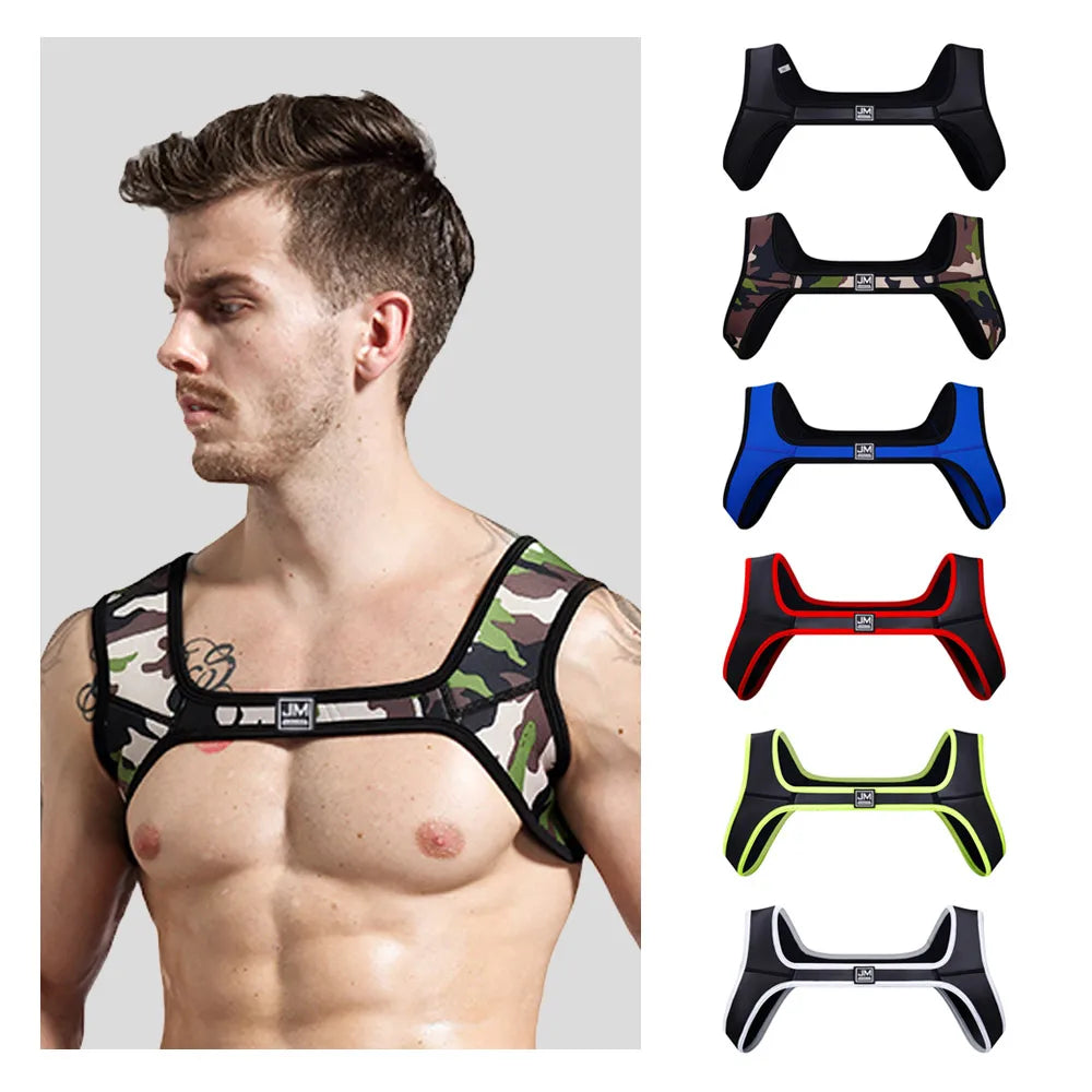 Neoprene Mens Body Chest Harness Lingerie Sexy Shoulder Bondage Straps Gay Clubwear Male Protective Gear Support Sexy Tank Top