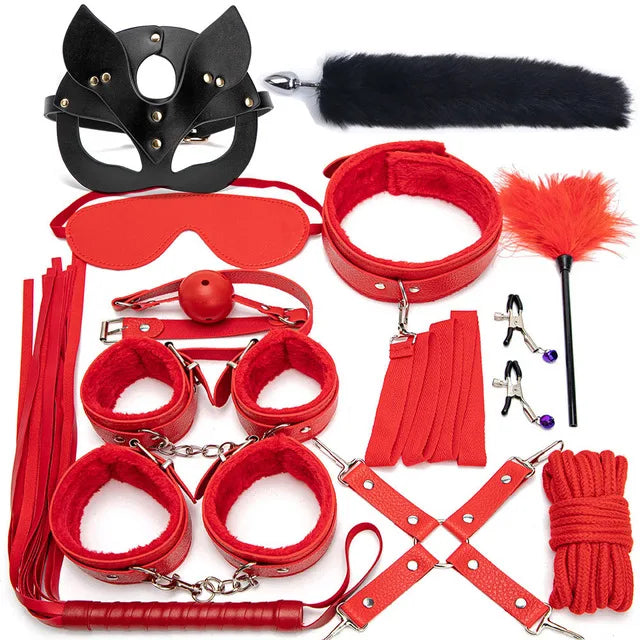 Sexy Leather BDSM Kits Plush Sex Bondage Set Handcuffs Sex Games Whip Gag Nipple Clamps Sex Toys For Couples Exotic Accessories