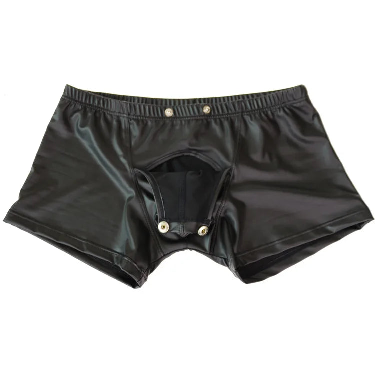 NEW Plus Size Sexy Men Boxers Open Crotch Faux Lingerie Stage U Convex Pouch Black Patent Leather Boxers Shorts Underwear XXL
