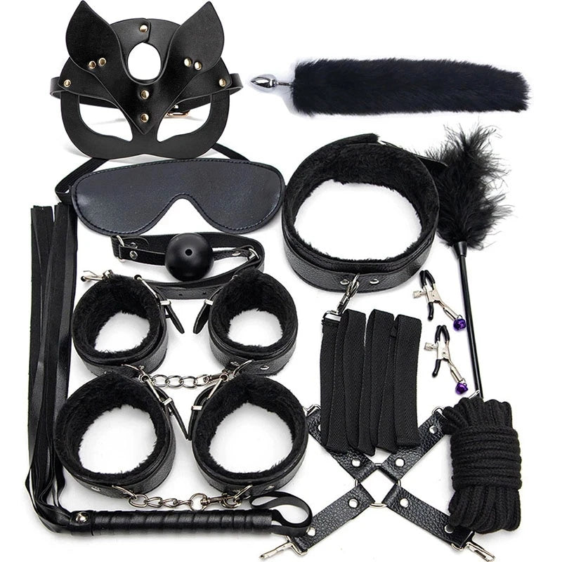 Sexy Leather BDSM Kits Plush Sex Bondage Set Handcuffs Sex Games Whip Gag Nipple Clamps Sex Toys For Couples Exotic Accessories