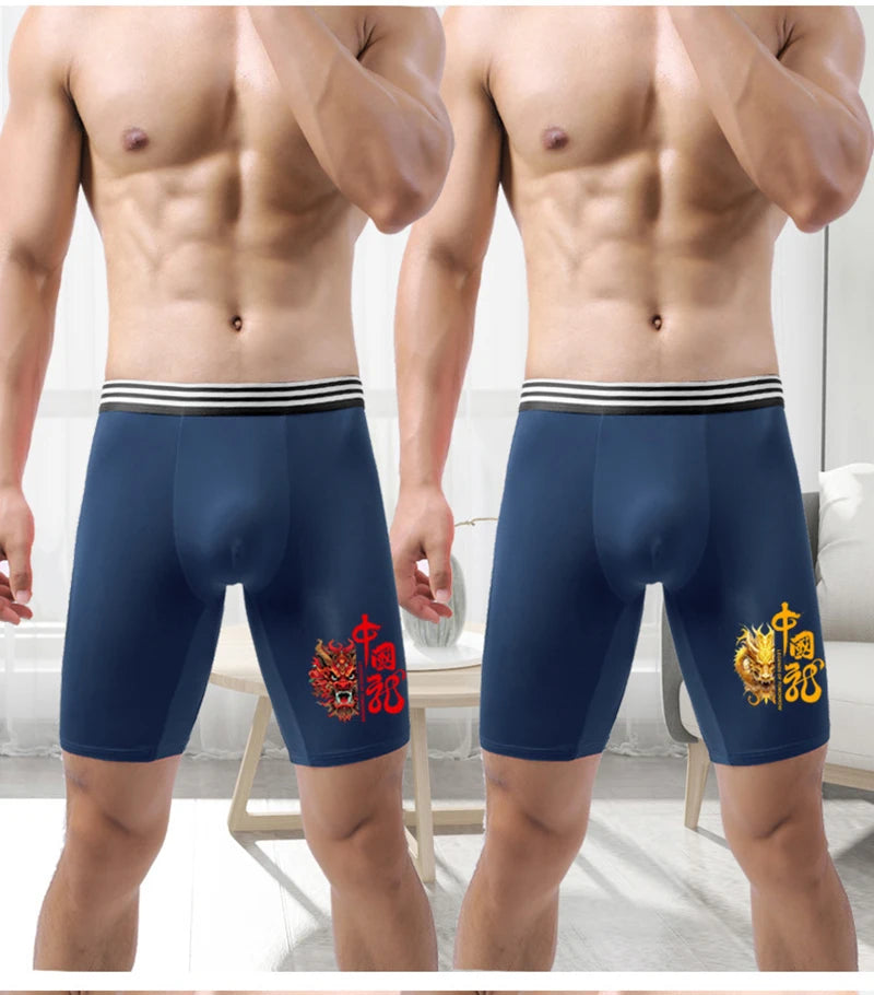 Large Size Men Underwear Boxer Shorts Homme Ice Silk Breathable Sexy Panites Man Print U Convex Pouch Sports Long Leg Underpants