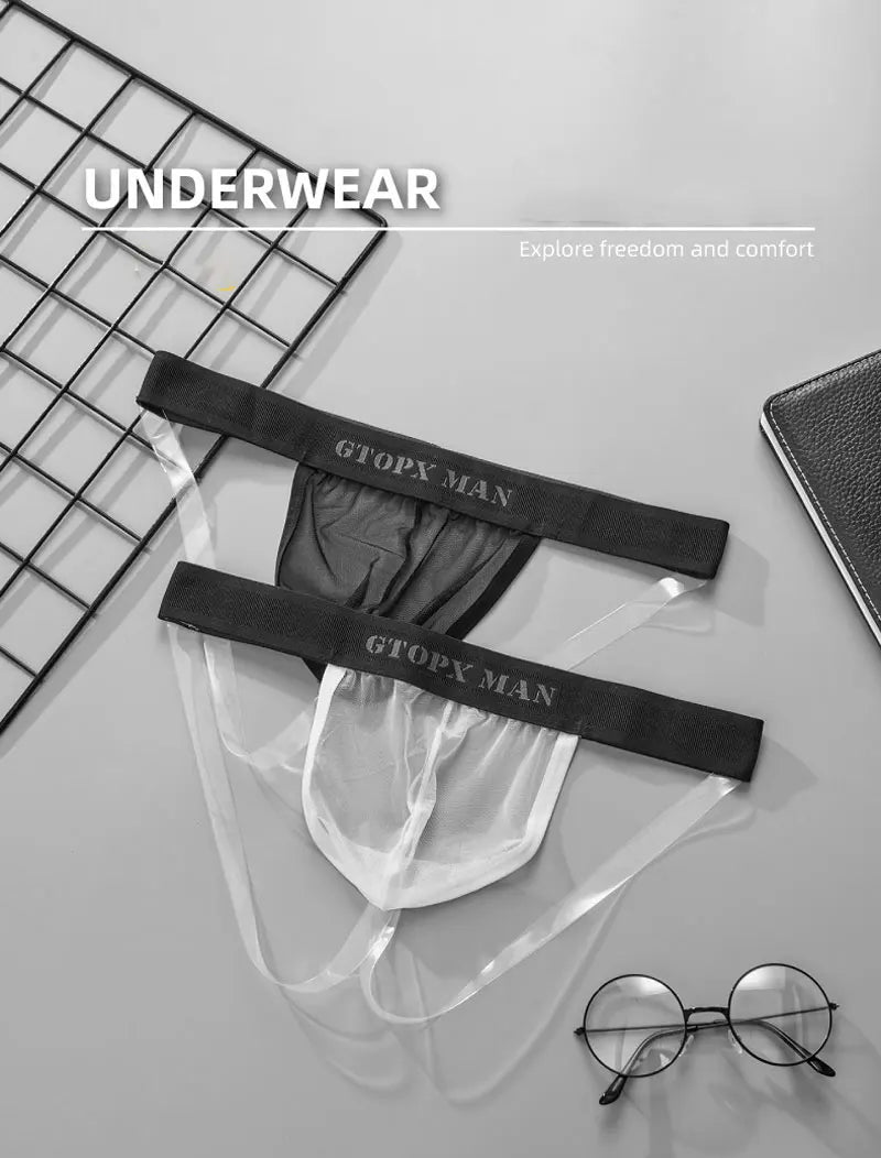 Mens Underwear T-back Thong G-String Sexy Breathable Bikini Tangas Mesh See Through Underpants U Pouch Ultra-thin Male Panties