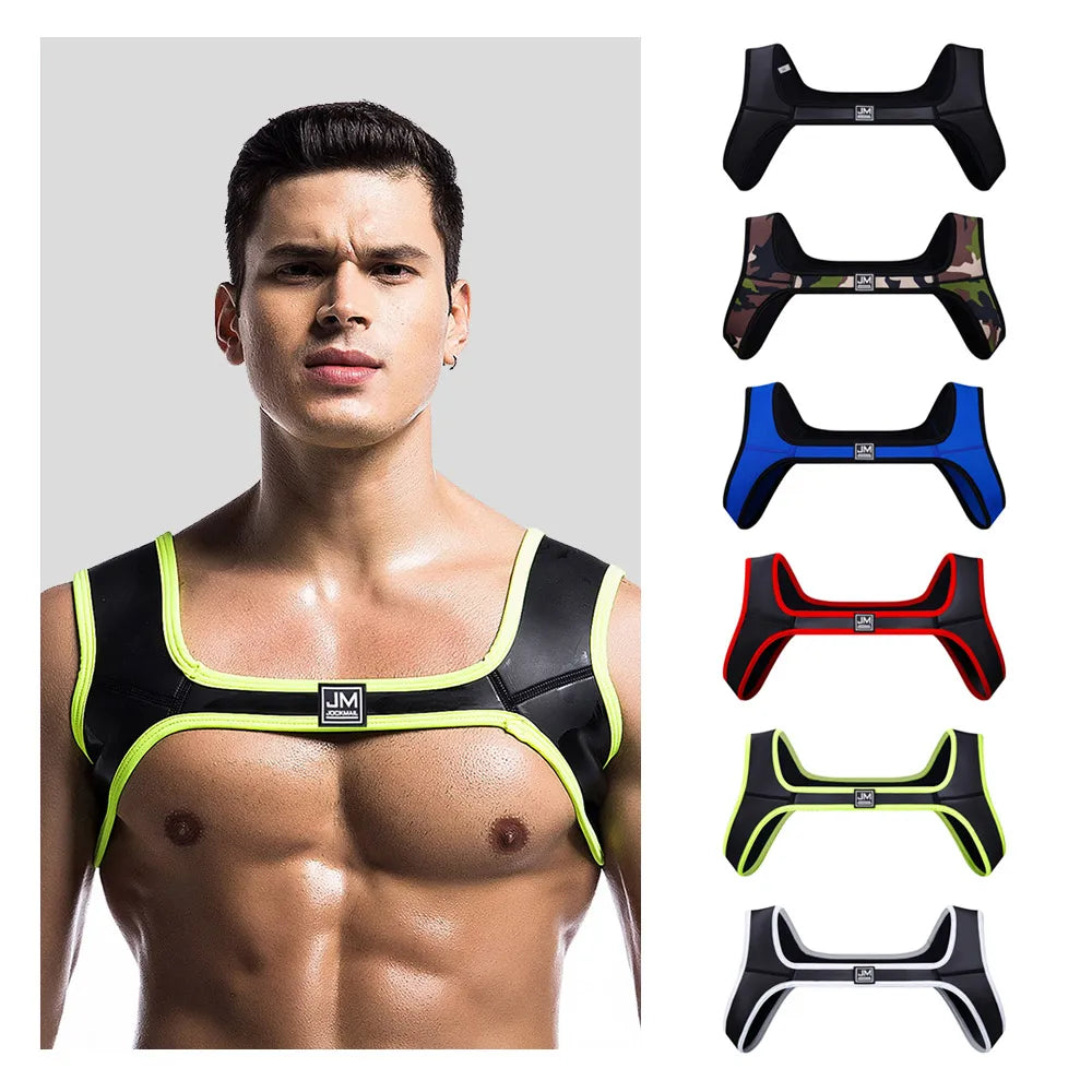 Neoprene Mens Body Chest Harness Lingerie Sexy Shoulder Bondage Straps Gay Clubwear Male Protective Gear Support Sexy Tank Top