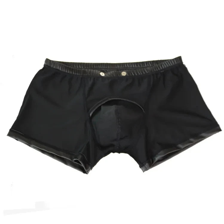 NEW Plus Size Sexy Men Boxers Open Crotch Faux Lingerie Stage U Convex Pouch Black Patent Leather Boxers Shorts Underwear XXL