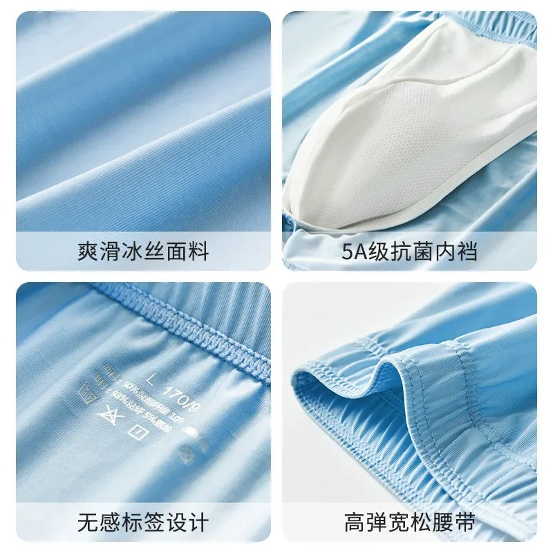 Large Size Mens Ice Silk Arrow Pants Seamless Solid Color Boxer Shorts Panties Summer Thin Loose Comfortable Sleepwear Underwear
