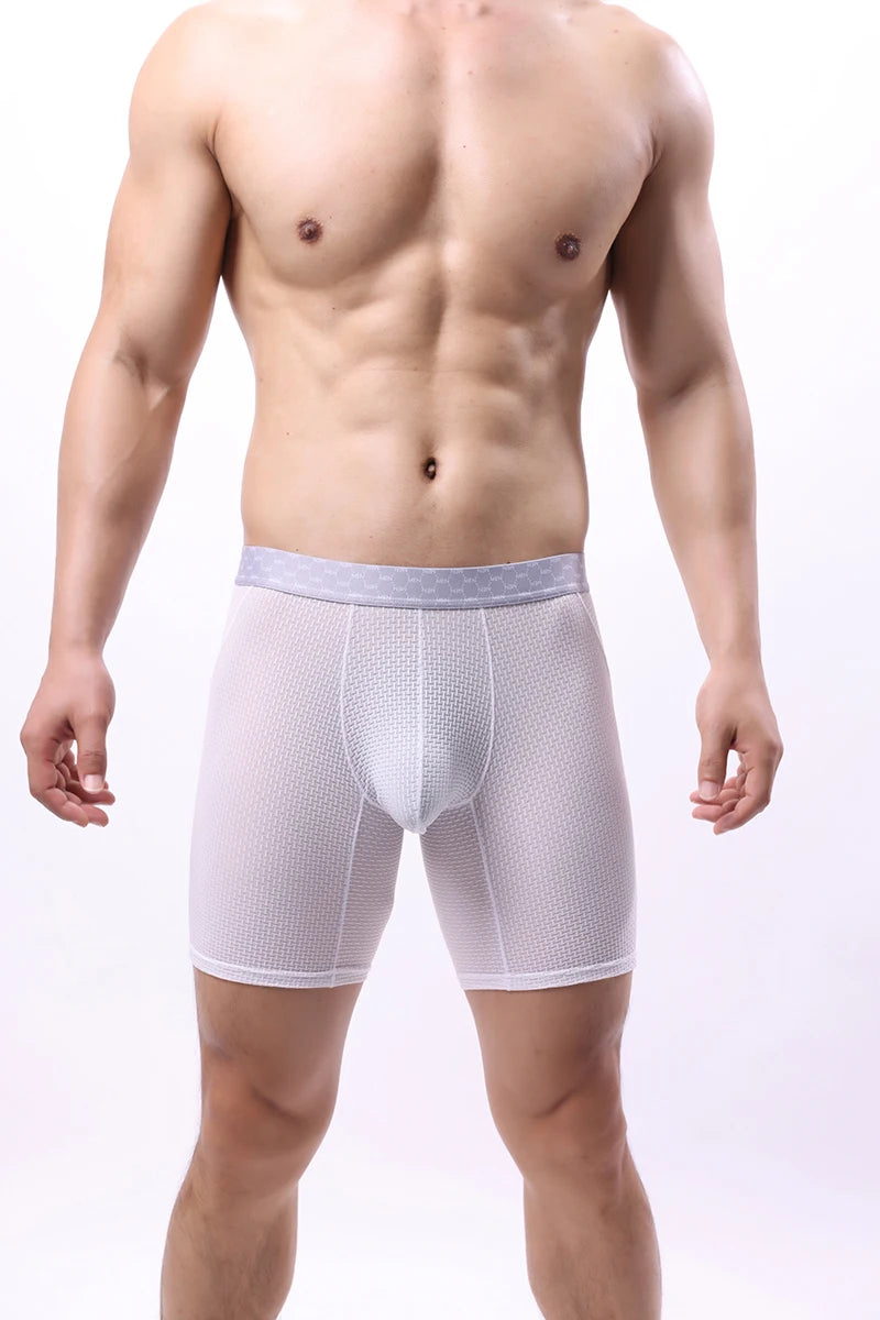 Men Underwear Boxer Shorts Homme Breathable Ice Silk Mid Waist Panites Man U Convex Pouch Long Leg Underpants Cueca Calzoncillos