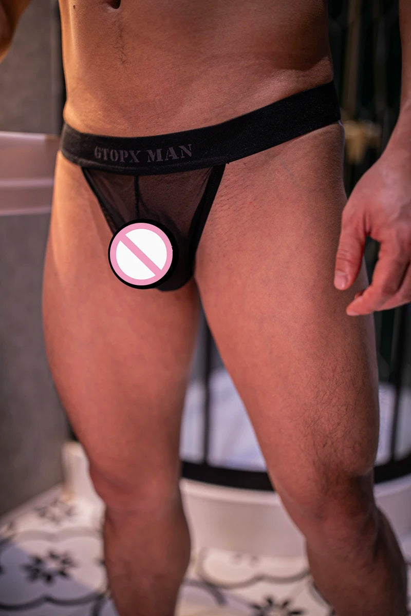 Mens Underwear T-back Thong G-String Sexy Breathable Bikini Tangas Mesh See Through Underpants U Pouch Ultra-thin Male Panties