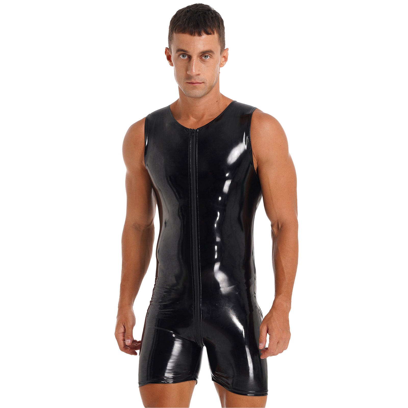 Mens Black Tank Sleeveless Zipper Patent Leather Glossy Round Neck Sleeveless Jumpsuits Club Stage Performance Costume Bodysuit