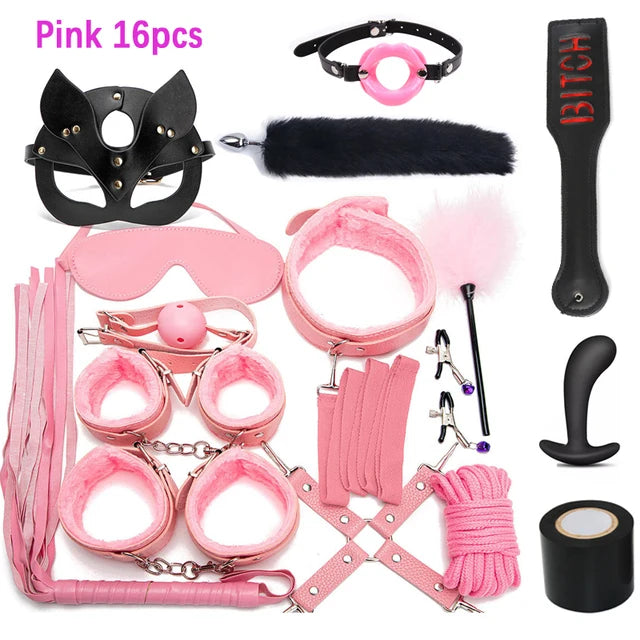 Sexy Leather BDSM Kits Plush Sex Bondage Set Handcuffs Sex Games Whip Gag Nipple Clamps Sex Toys For Couples Exotic Accessories