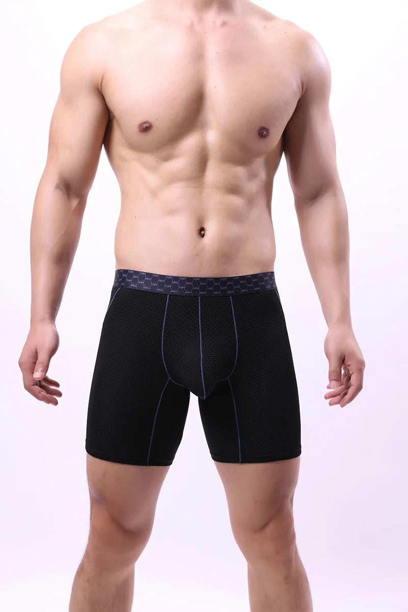 Men Underwear Boxer Shorts Homme Breathable Ice Silk Mid Waist Panites Man U Convex Pouch Long Leg Underpants Cueca Calzoncillos