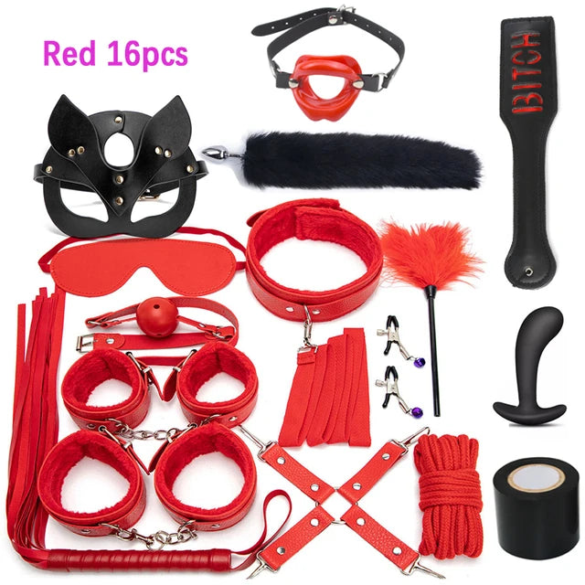 Sexy Leather BDSM Kits Plush Sex Bondage Set Handcuffs Sex Games Whip Gag Nipple Clamps Sex Toys For Couples Exotic Accessories
