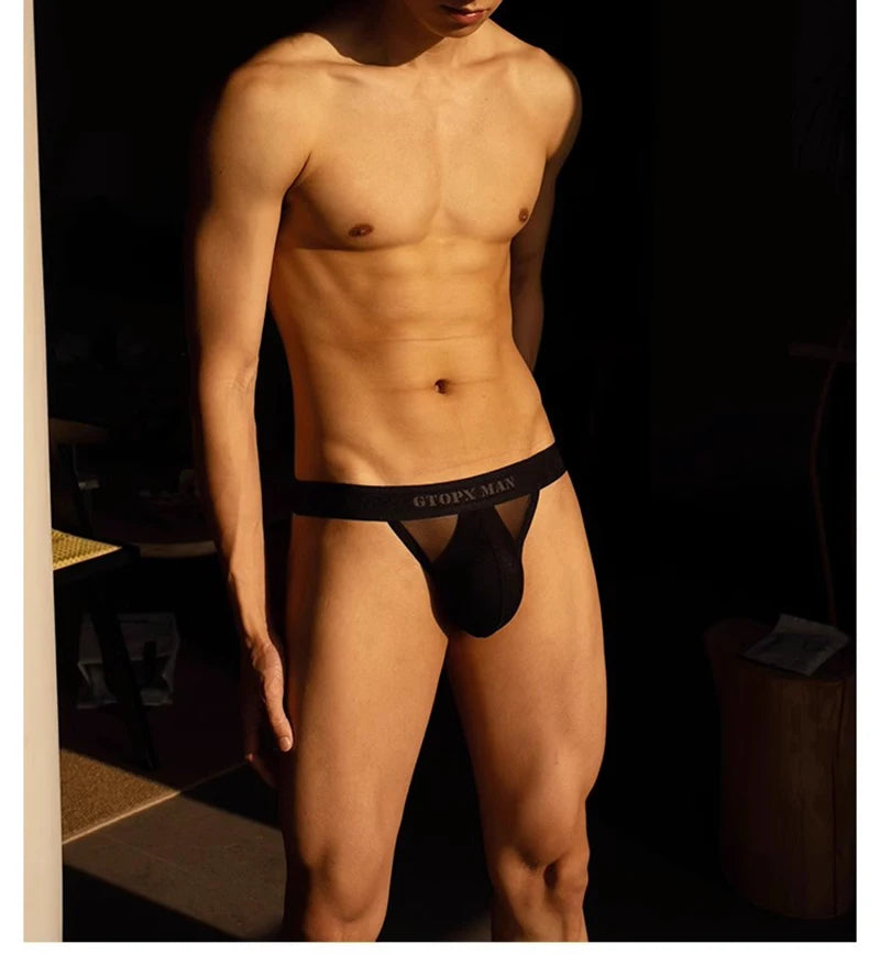 Mens Underwear T-back Thong G-String Sexy Breathable Bikini Tangas Mesh See Through Underpants U Pouch Ultra-thin Male Panties