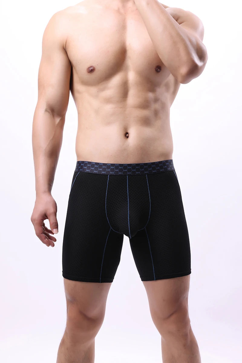 Men Underwear Boxer Shorts Homme Breathable Ice Silk Mid Waist Panites Man U Convex Pouch Long Leg Underpants Cueca Calzoncillos