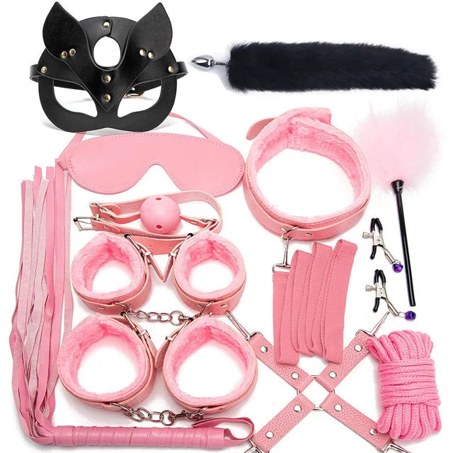Sexy Leather BDSM Kits Plush Sex Bondage Set Handcuffs Sex Games Whip Gag Nipple Clamps Sex Toys For Couples Exotic Accessories