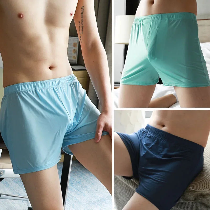 Large Size Mens Ice Silk Arrow Pants Seamless Solid Color Boxer Shorts Panties Summer Thin Loose Comfortable Sleepwear Underwear
