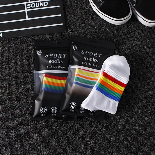 Fashion Mens Socks Hip Hop Cotton Rainbow Stripes Classic Warm Casual Tide Harajuku Funny Pop Korean Socks skarpetki meskie Sox