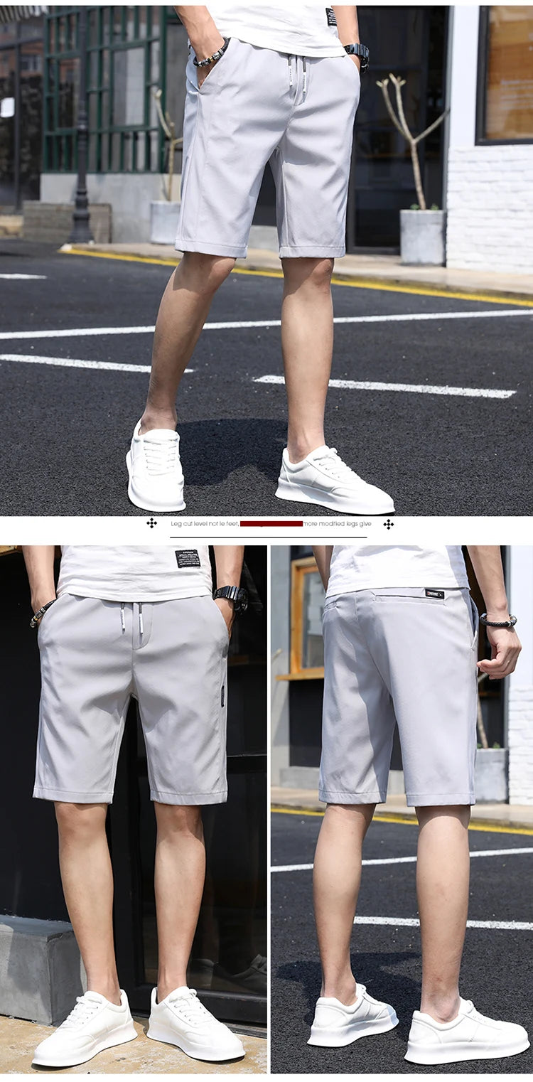 2021 Summer Thin Ice Silk Casual Shorts Men Slim Straight Trousers Solid Knee-length Shorts Men High Quality Beach Shorts Pants