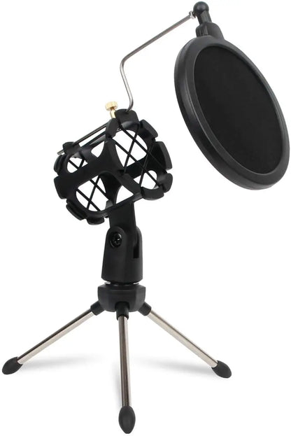 Depusheng Microphone Tripod Stand Foldable Desktop Microphone Bracket with Shock Mount Mic Holder Clip and Pop Filter