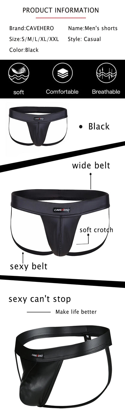 Mens Sexy Brief Bikini PU Leather Underpants Open Butt Breathable Thong Penis Pouch Gay Underwear Black G-strings Slip Panties