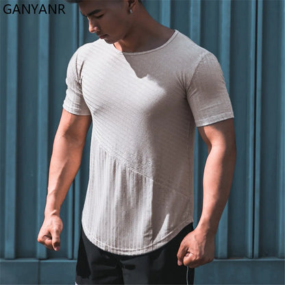 GANYANR Running T-Shirt Man Short Sleeve Fitness Compression Sports Active Wear Sportswear Gym Training Quick Dry Tee Jogging