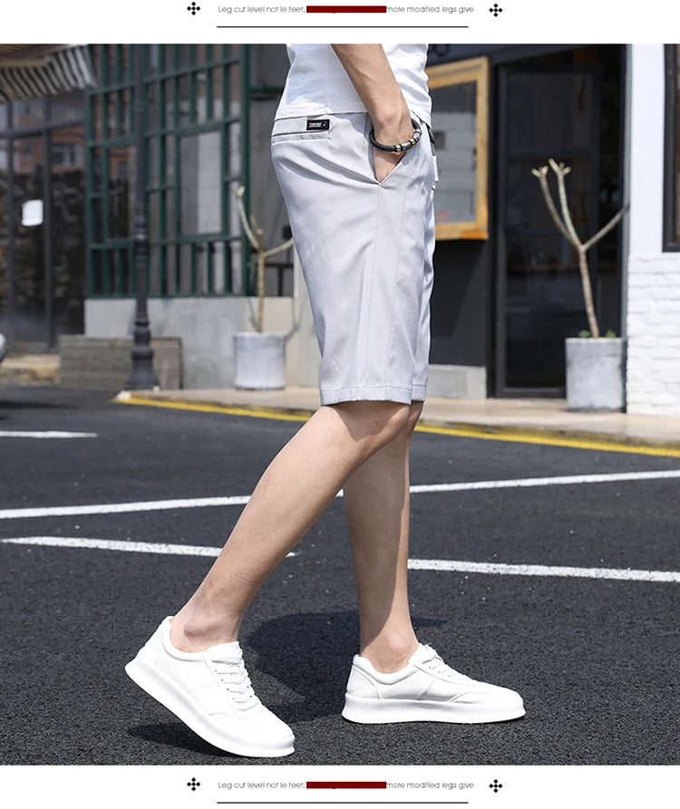 2021 Summer Thin Ice Silk Casual Shorts Men Slim Straight Trousers Solid Knee-length Shorts Men High Quality Beach Shorts Pants