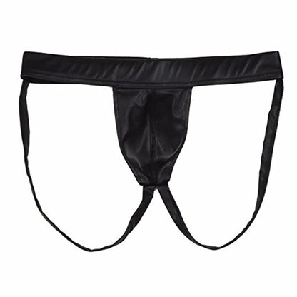 Mens Sexy Brief Bikini PU Leather Underpants Open Butt Breathable Thong Penis Pouch Gay Underwear Black G-strings Slip Panties