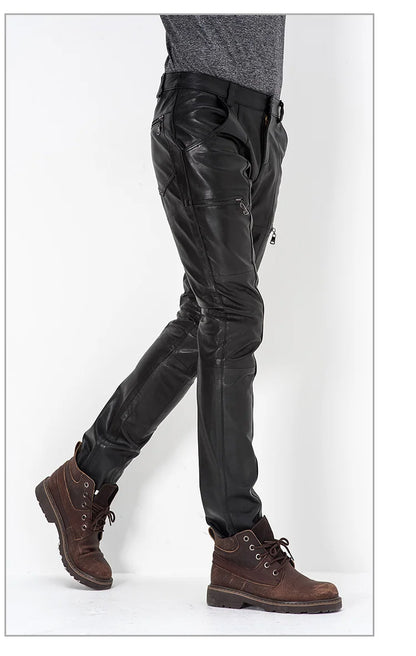 Men's Genuine Sheepskin Motorcycle Leather Pants, Male Tights, Cycling Trousers, Autumn, Winter