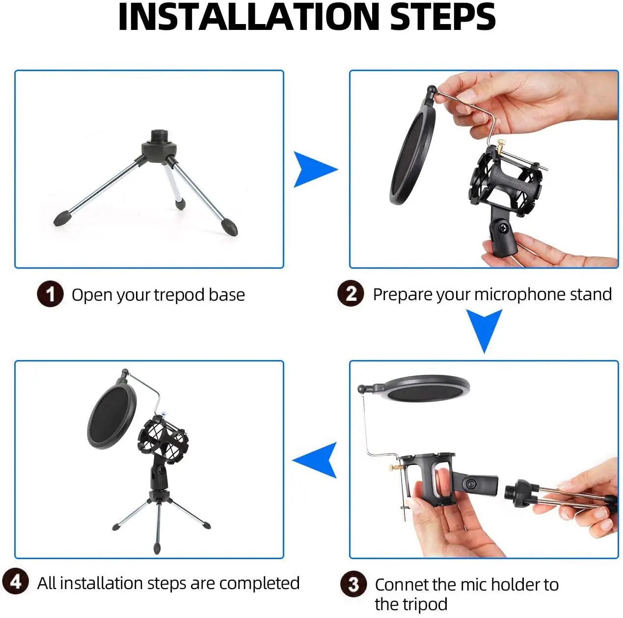 Depusheng Microphone Tripod Stand Foldable Desktop Microphone Bracket with Shock Mount Mic Holder Clip and Pop Filter