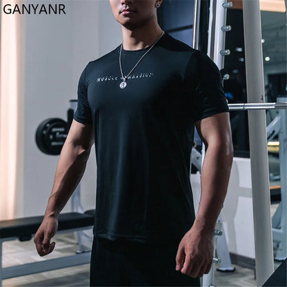 GANYANR Running T-Shirt Man Short Sleeve Fitness Compression Sports Active Wear Sportswear Gym Training Quick Dry Tee Jogging